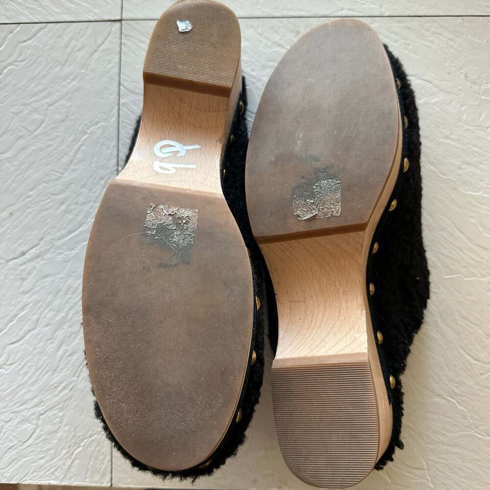 J Crew Faux Fur Sherpa Black Wooden Clogs Shoes Women Size 6 - Picture 3 of 7